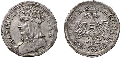 Massimiliano I d'Austria, Lira imperiale o Testone 1516, Verona, argento, 9,70 gr., Diam. 30,00 m...