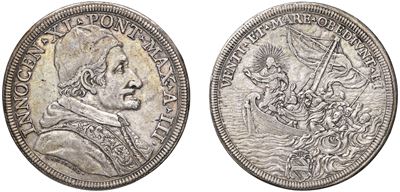 Innocenzo XI, Piastra, an. III, Roma, argento, 31,92 gr., Diam. 44,50 mm.