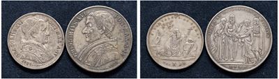 Lotto di due monete in argento: Scudo 1834 (I tipo) e 50 baiocchi 1834 (I tipo)
