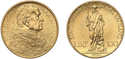 PIO XI, 100 lire 1929, an. VIII, I tipo, Roma, oro, 8,80 gr., Diam. 23,50 mm
