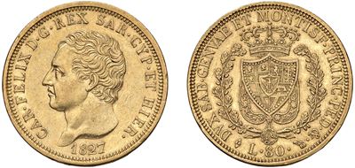 CARLO FELICE, 80 lire 1827, Torino, in oro