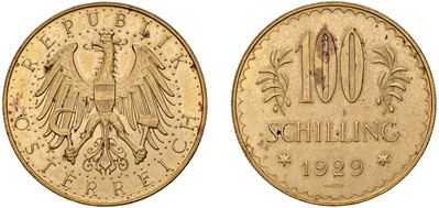 Moneta della Prima Repubblica Austriaca, 100 scellini 1929, in oro, Vienna