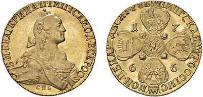 Caterina II, 10 Rubli 1766 in oro, San Pietroburgo
