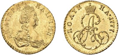 Caterina II, Poltina da 1/2 Rublo 1777 in oro