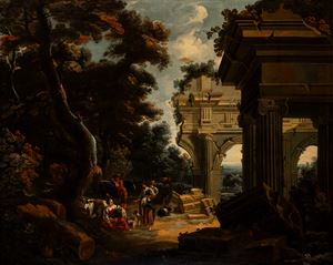 Landscape with figures and herds near architectural ruins