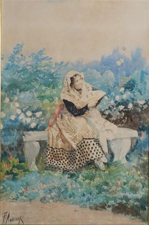 Fanciulla con ventaglio in un parco