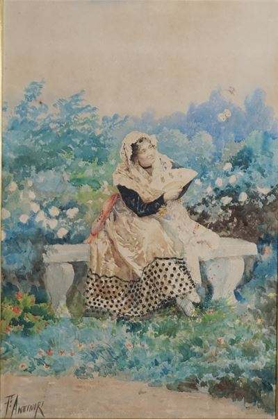 Fanciulla con ventaglio in un parco