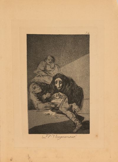 Francisco de, El vergonzoso (tavola 54 da Los Caprichos), acquaforte e acquatinta