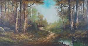 Paesaggio boschivo con laghetto