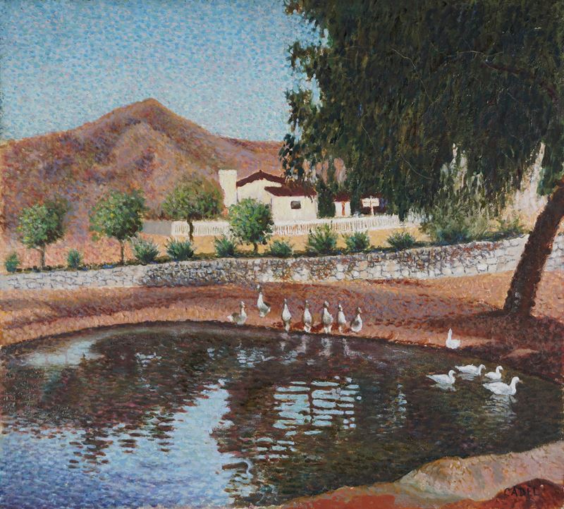 Paesaggio con stagno ed oche