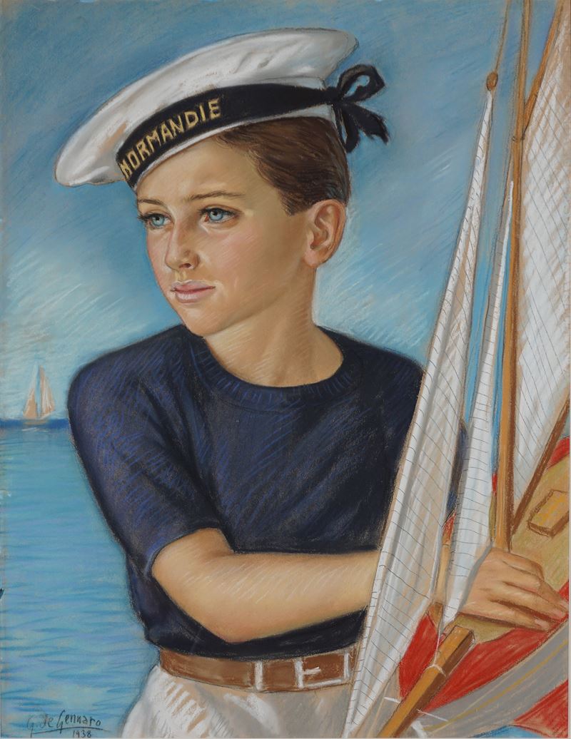 Ritratto di marinaretto con modellino di barca a vela