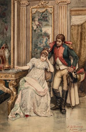 Scena d'interno con fanciulla e soldato