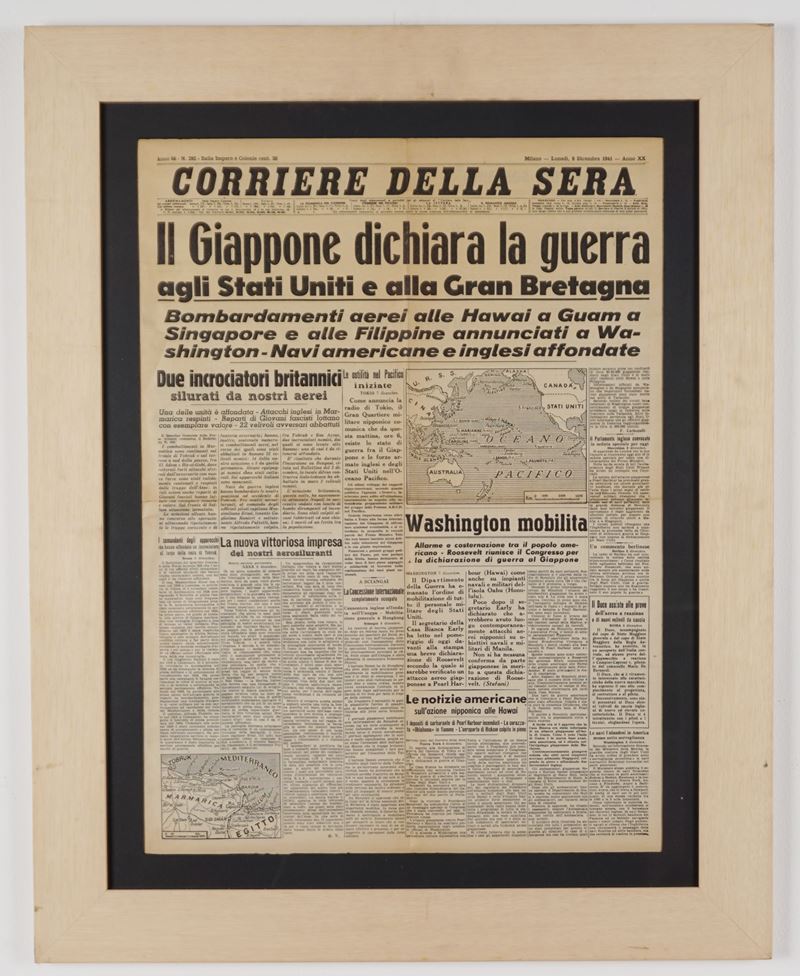 Prima pagina del corriere della sera 8 Dicembre '41 con l'annuncio dell'attacco giapponese a Pear...