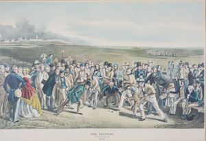 Litografia a colori dei primi del '900 raffigurante il dipinto "The Golfers" di Charles Lees