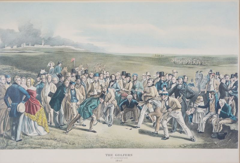 Litografia a colori dei primi del '900 raffigurante il dipinto "The Golfers" di Charles Lees