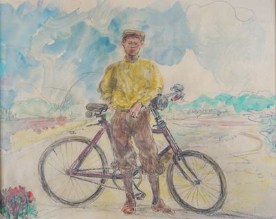 Ritratto di ragazzo con bicicletta, acquarello su carta