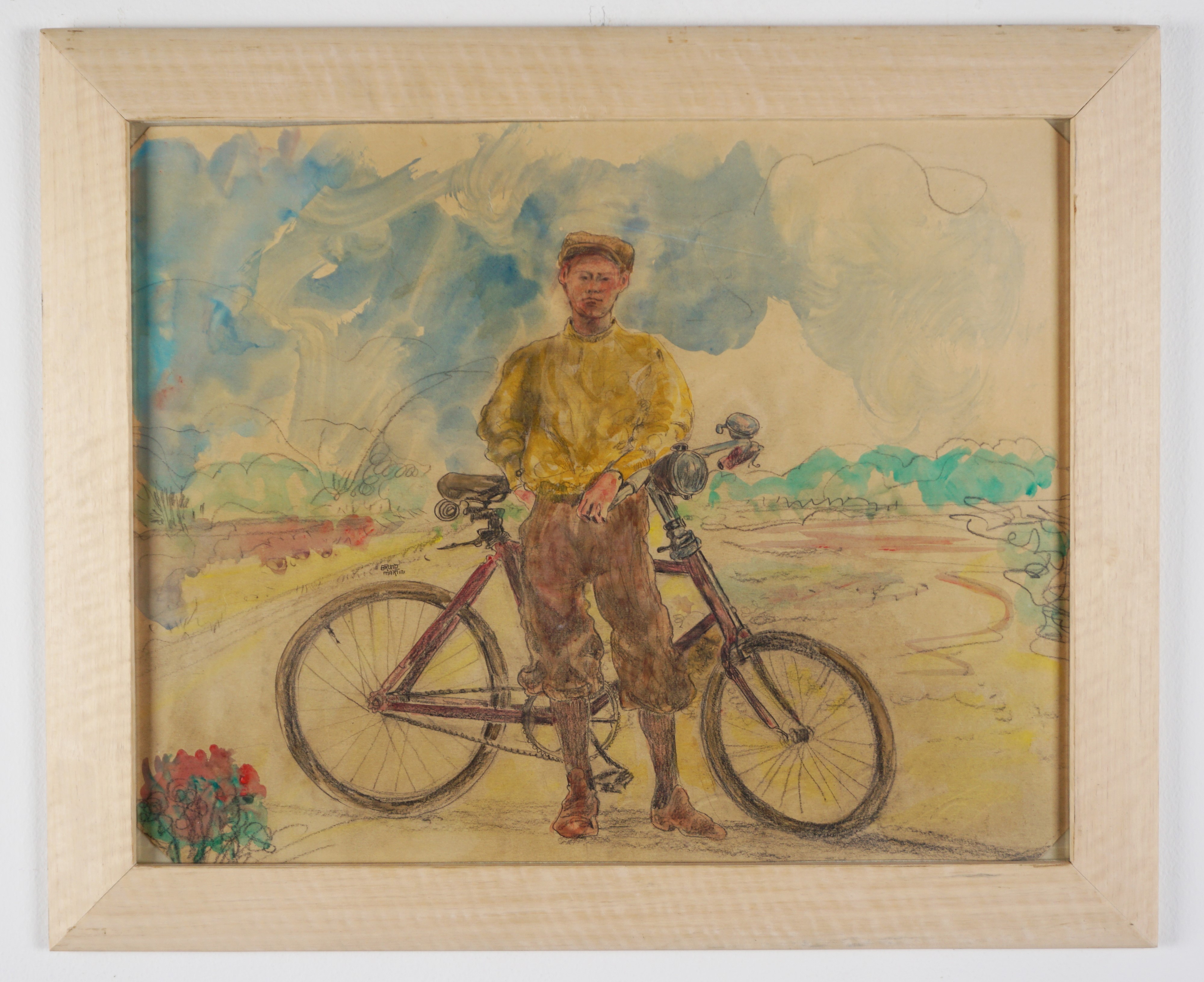 Bruno Martini - Ritratto di ragazzo con bicicletta, acquarello su carta