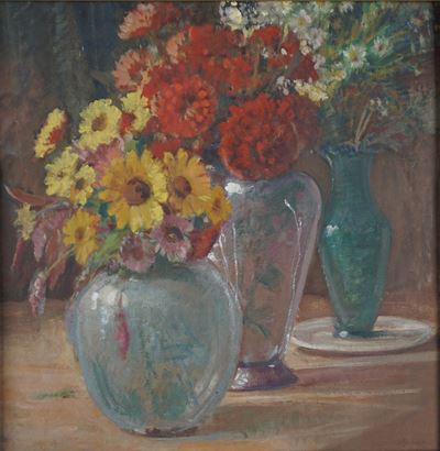 Natura morta con vasi e fiori, olio su compensato in cornice