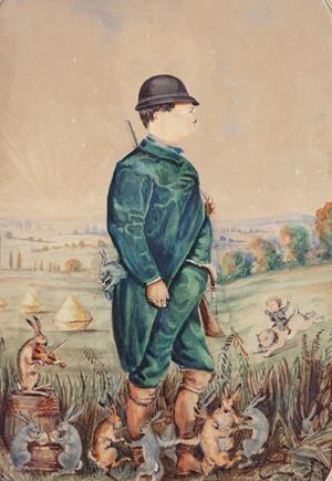 Ritratto allegorico di cacciatore con coniglietti danzanti