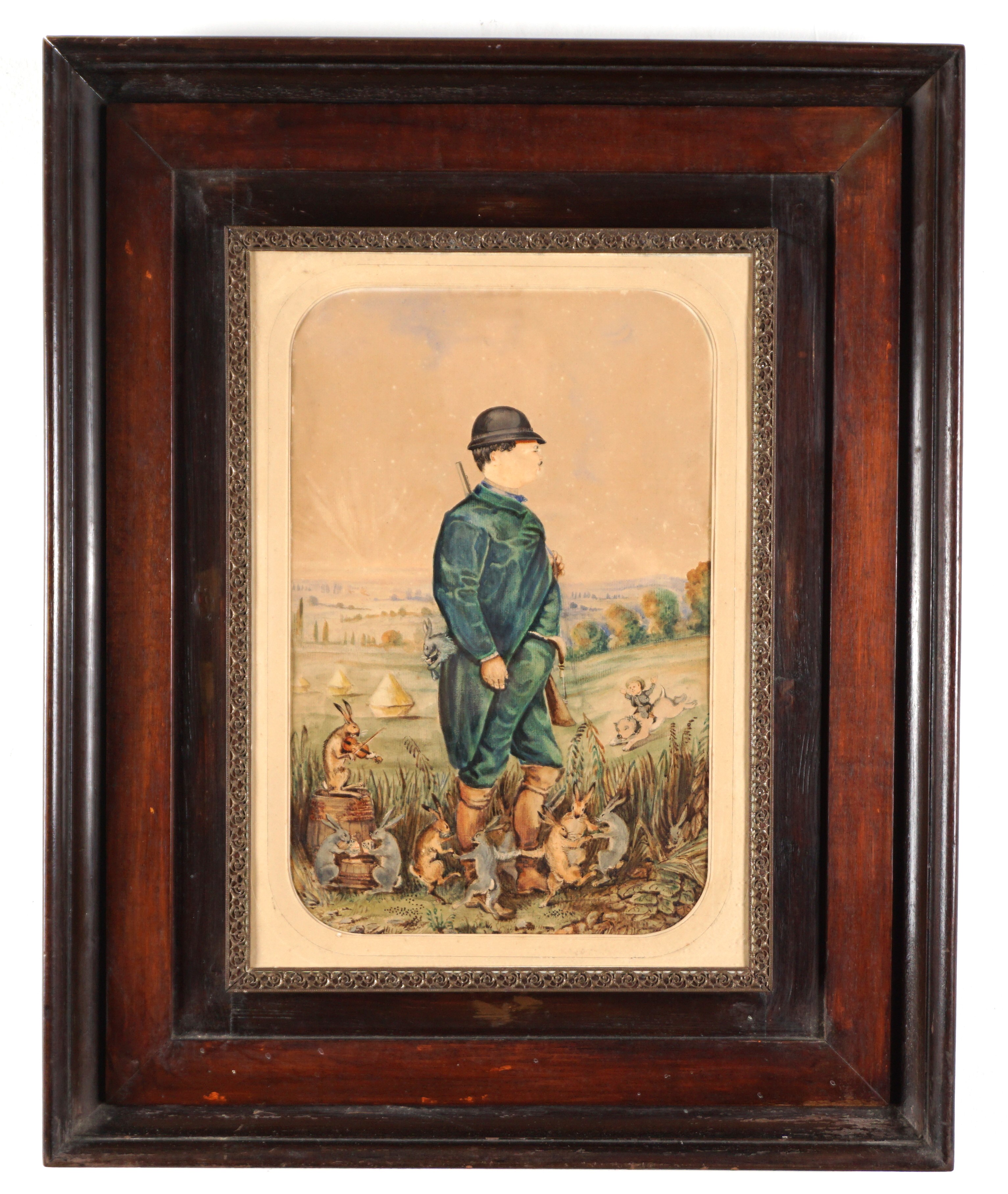Ritratto allegorico di cacciatore con coniglietti danzanti