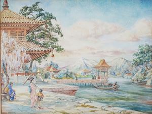 Paesaggio giapponese con pagode e figure in kimono