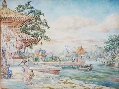 Scuola inglese del XIX secolo, Paesaggio giapponese con pagode e figure in kimono