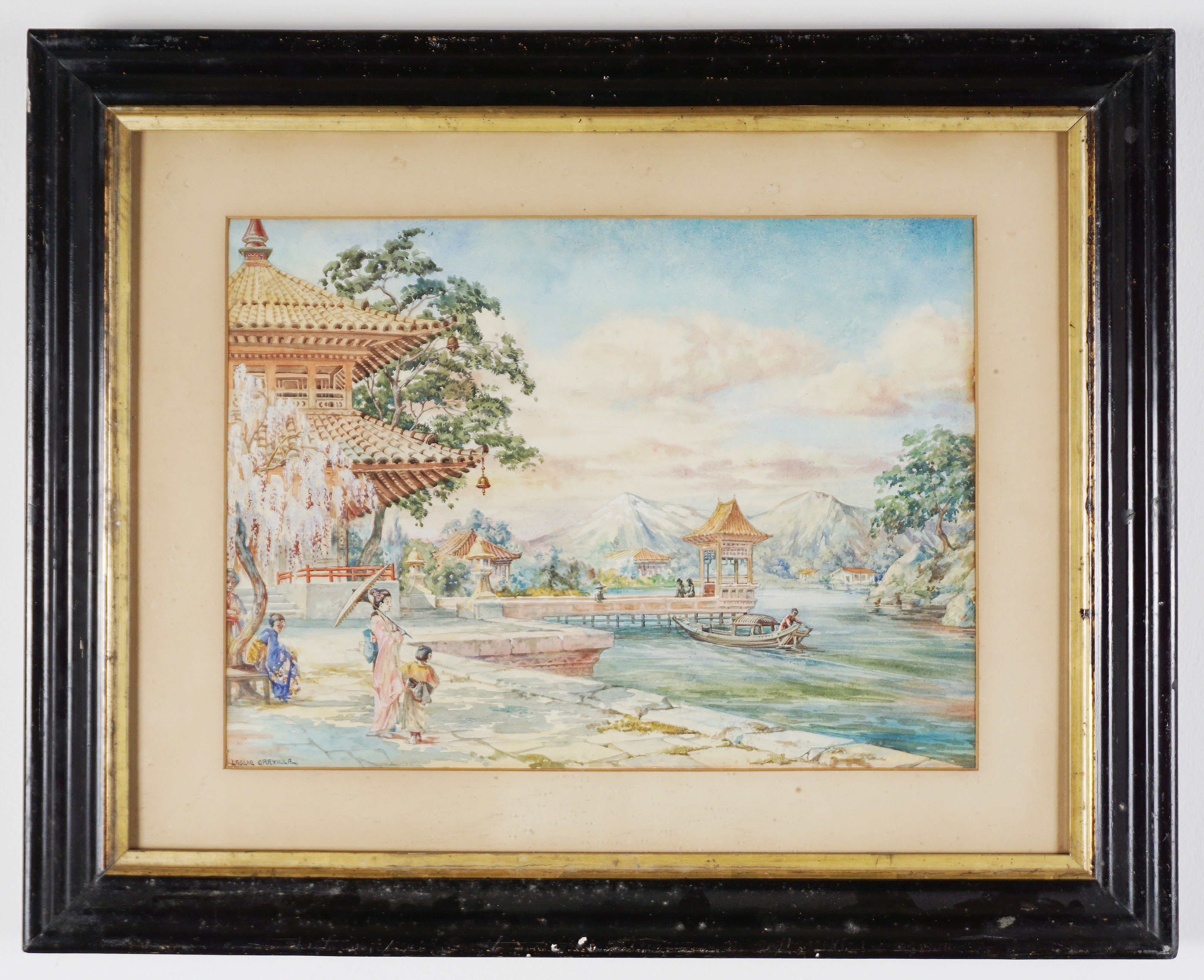Scuola Inglese, Secolo XIX - Scuola inglese del XIX secolo, Paesaggio giapponese con pagode e fig...