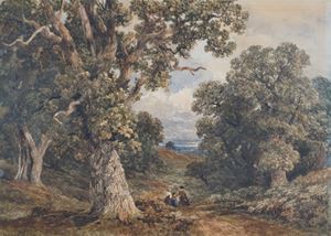 Paesaggio boschivo con viandanti