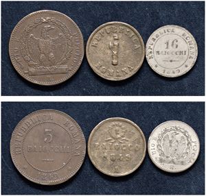 Lotto di tre monete: 16 e 3 baiocchi Roma e Baiocco di Ancona.
