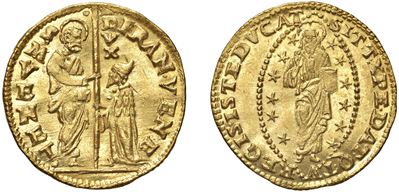 Francesco Venier, Zecchino del doge LXXXI (1554 - 1556), oro, 3,50 g, Diam. 21,00 mm, Venezia