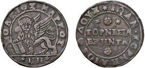 GIOVANNI I CORNER, doge XCVI (1625 &ndash; 1629) &ndash; 60 soldi o 4 soldi per Candia, s.d., Venezia.