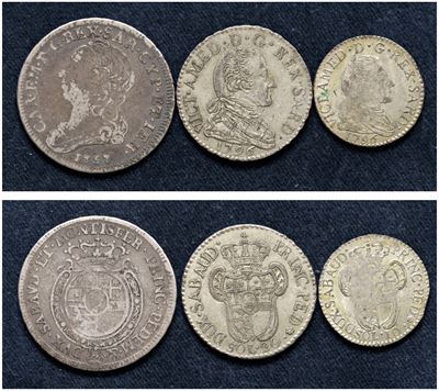 Monete dei Vari Regnanti, Lotto di 3 monete in argento e altri metalli, XVIII secolo, Torino
