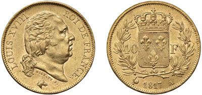 LUIGI XVIII, Moneta da 40 franchi del 1817 A, Parigi, oro, 12,88 gr., Diam. 26,50 mm.