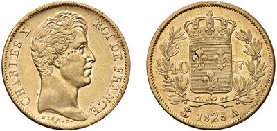 CARLO X, 40 franchi 1828 A, moneta in oro