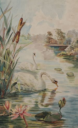 Paesaggio lacustre con cigni