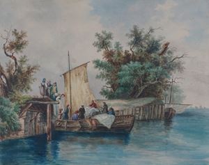 Paesaggio lacustre con barca e pescatori