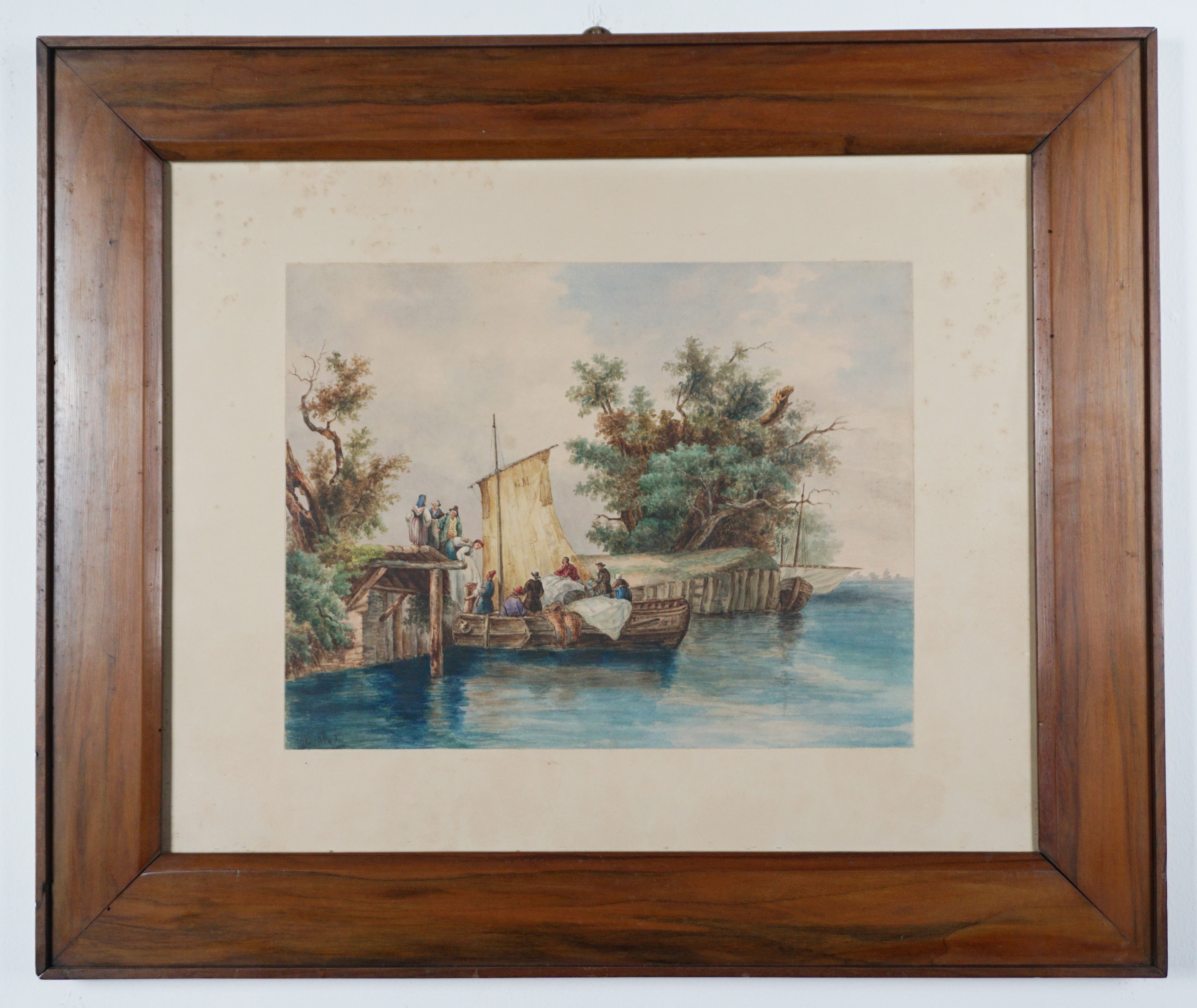 Paesaggio lacustre con barca e pescatori