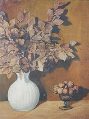 Natura morta con vaso e ciotola di noci