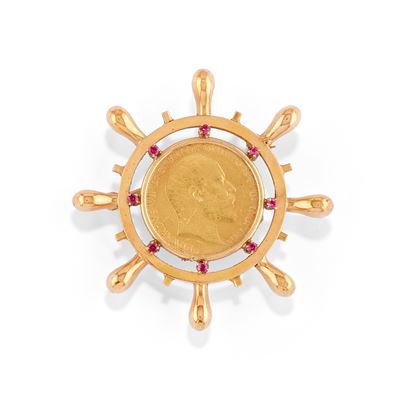 Spilla in oro giallo 18k e 22k con moneta di Edoardo VII
