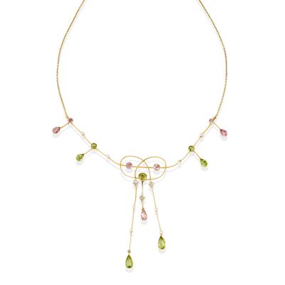 Collana in stile Liberty, in oro giallo 18k, con peridoti, tormaline, diamanti taglio rosa e micr...