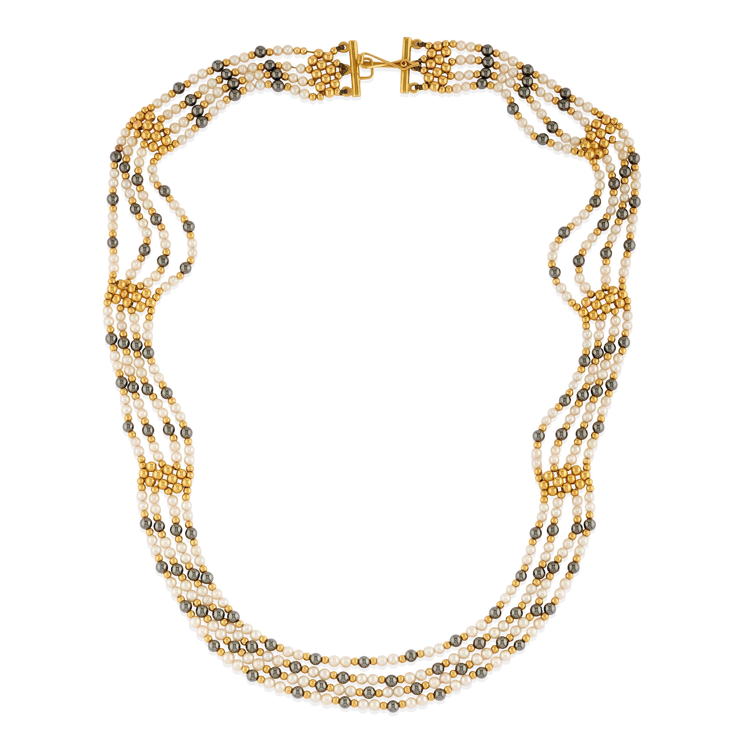 Demi parure in oro giallo 18k con microperle, ematite e perni a farfalla