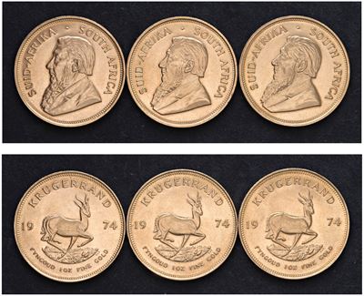 Lotto di 3 Krugerrand 1974.