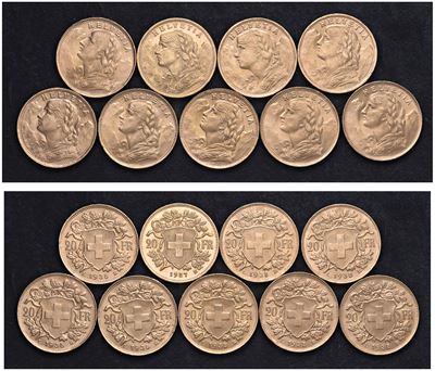 Lotto di 9 Esemplari di 20 Franchi 1935.