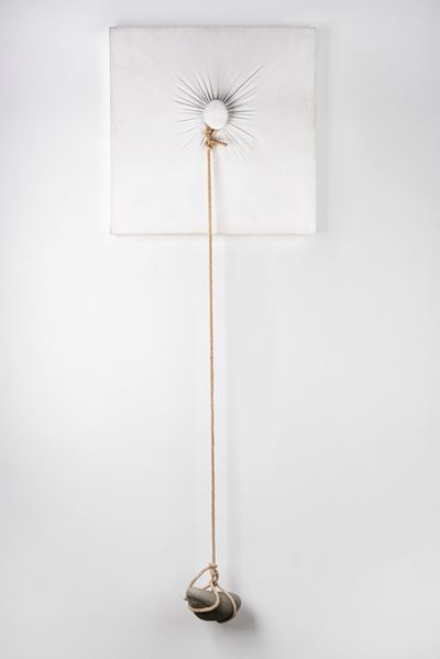 Phases of Nothingness No. 8-12 (stoffa, corda, telaio in legno e pietra), 1971