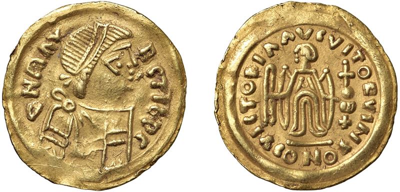 LONGOBARDI – MONETAZIONE A NOME DI MAURIZIO TIBERIO (582-602) - Tremisse. Emissione durante i reg...