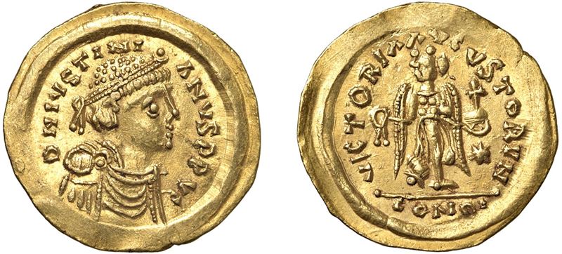 EMISSIONE DI ATTRIBUZIONE INCERTA A NOME DI GIUSTINIANO – Tremisse.