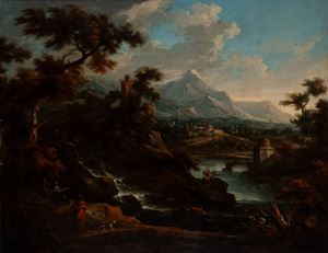 River landscape with painter in the foreground near a stream
