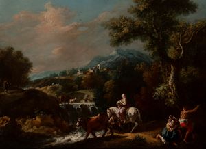 River landscape with travellers near a waterfall