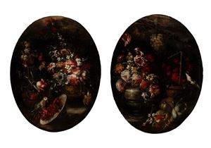 Flower pots with a parakeet and a plate of strawberries; Flower pots with a goldfinch and fruit