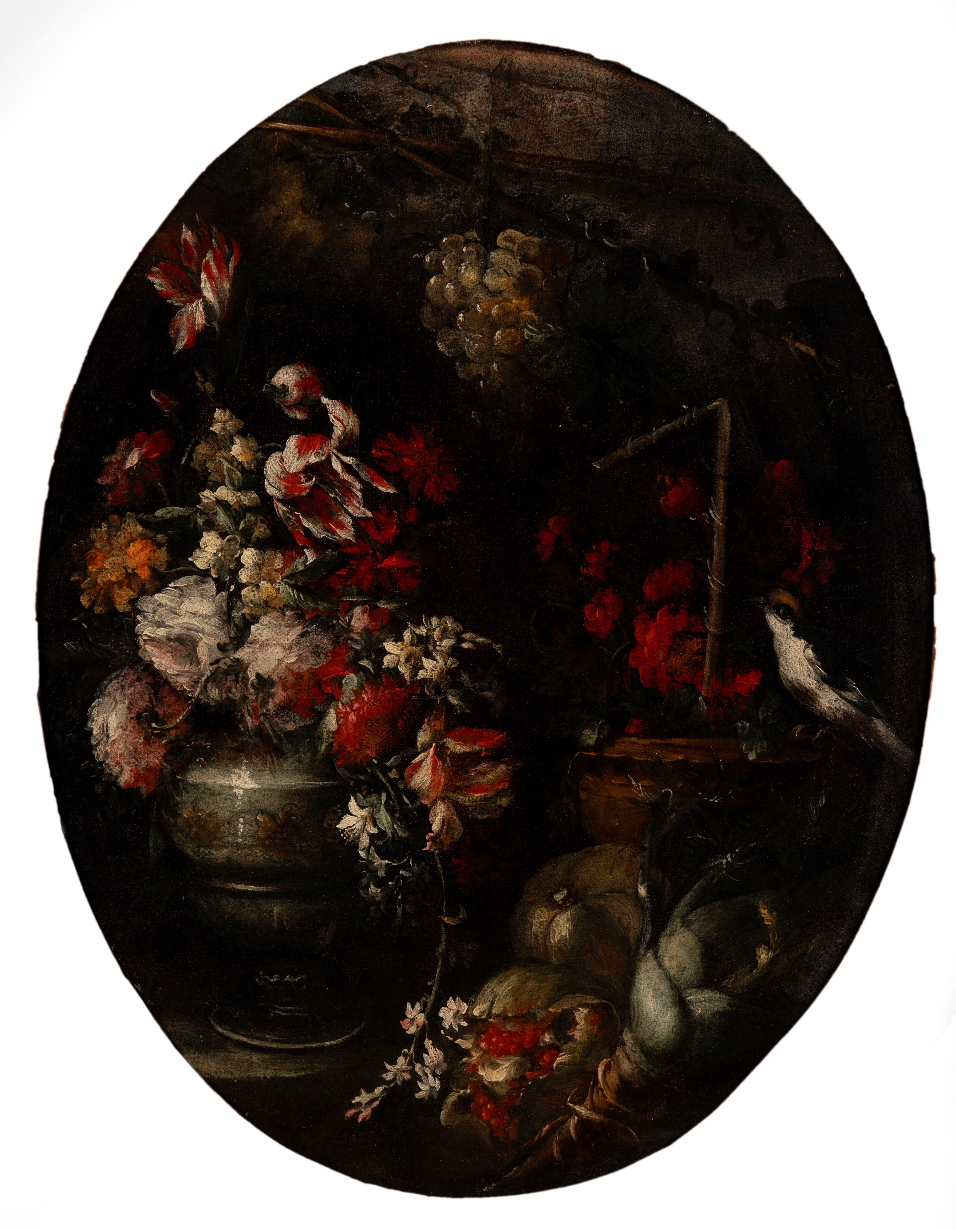 Elisabetta Marchioni - Coppia di dipinti ovali con natura morta floreale e volatili